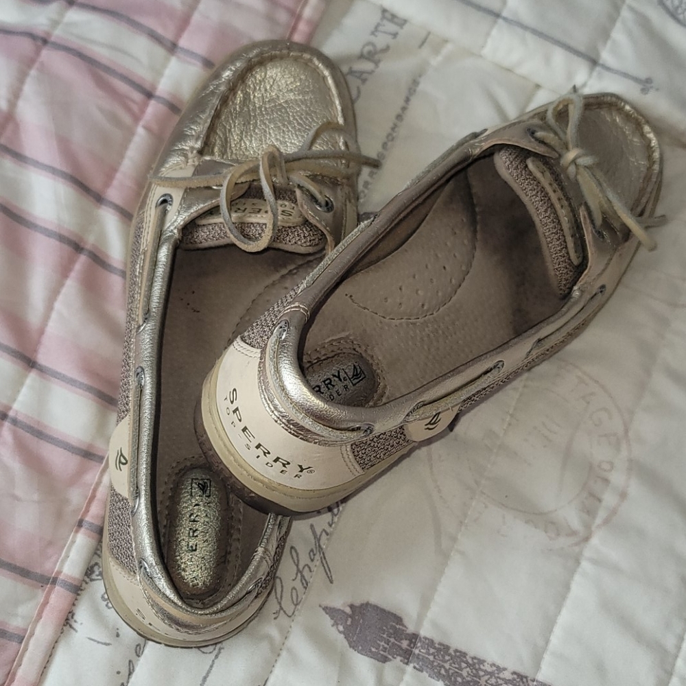 Size 8 Gold metallic Sperry slip ons